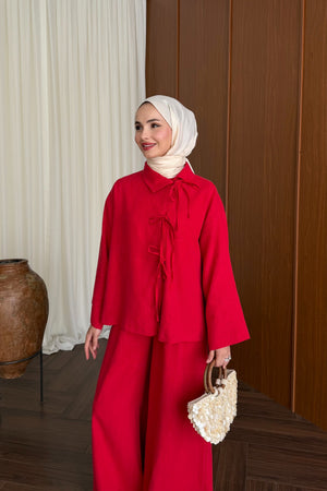 Linen Tunic and Wide-Leg Trousers Set with Front Ties — KIRMIZI