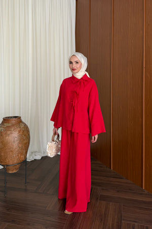 Linen Tunic and Wide-Leg Trousers Set with Front Ties — KIRMIZI