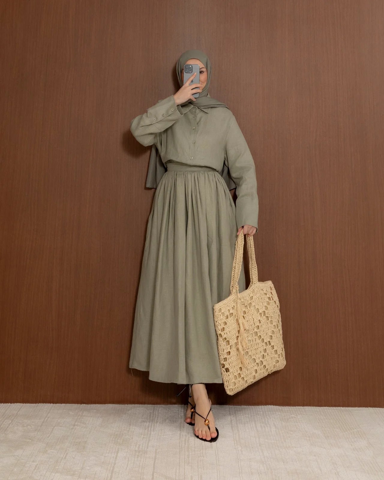 Linen Collared Shirt & Skirt Set