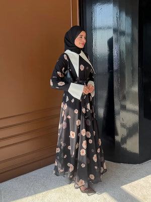 Long Sleeve Floral Maxi Dress with Contrast Collar & Tie Belt — Siyah