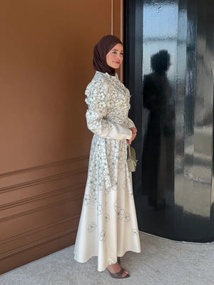 A-Line Maxi Dress with Puffed Sleeves and 3D Floral Appliques — Çağla Yeşili