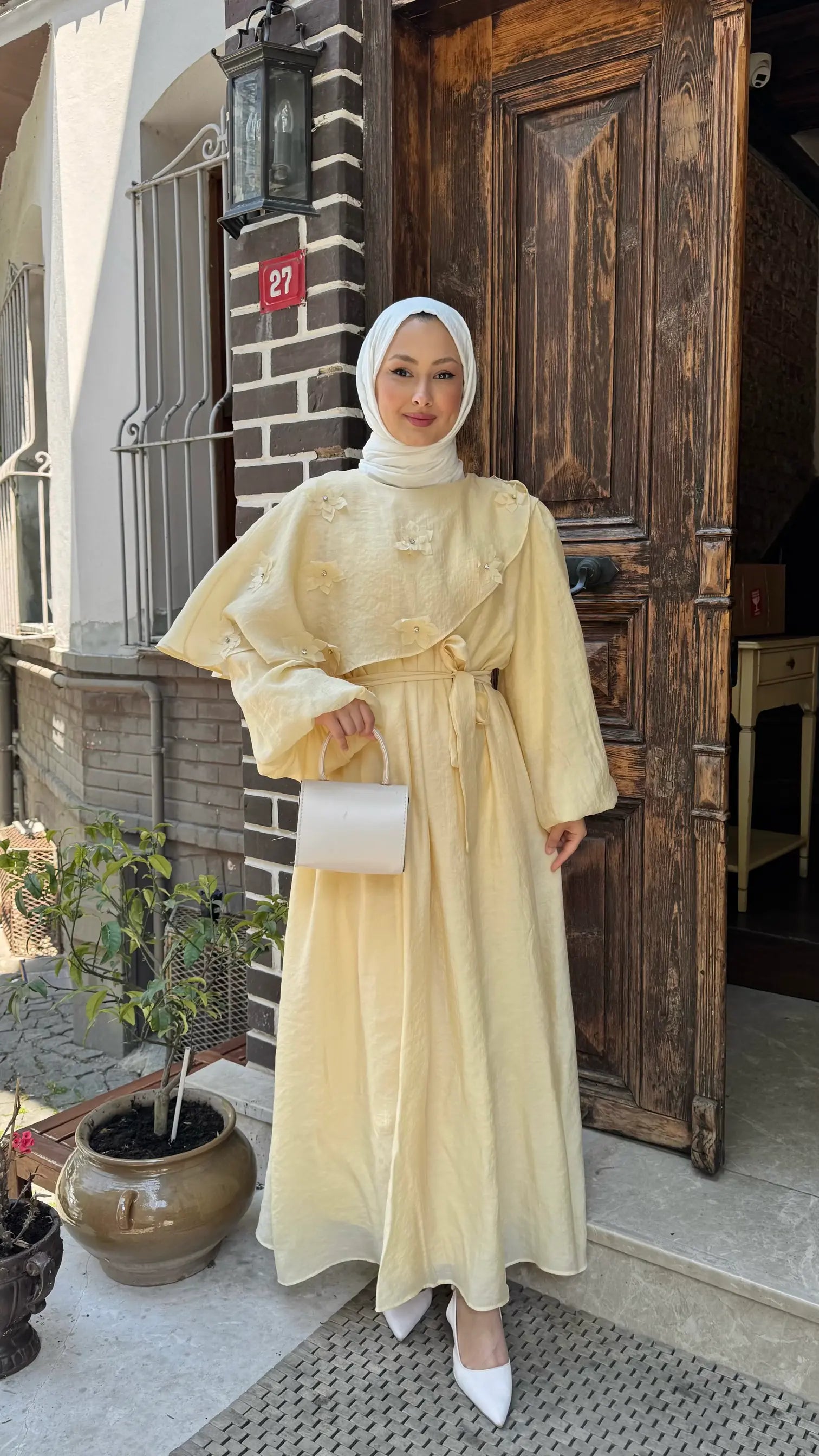 Pearl Detail Dress with Flowing Cape Sleeves