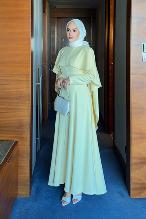 Modest Maxi Crepe Dress with Detachable Cape & Stone Details — Sari