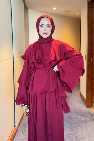 Flowing Crinkle Two-Piece Set with Wide-Leg Trousers — Bordo