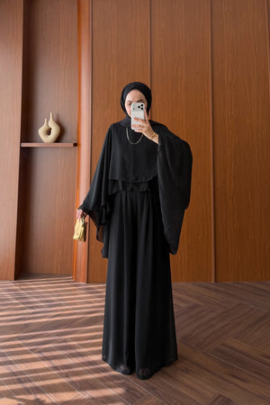 Chiffon Layered Top & Wide-Leg Pant Set — SİYAH