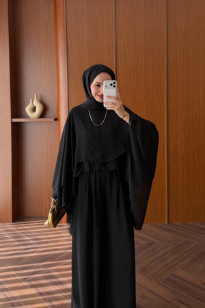 Chiffon Layered Top & Wide-Leg Pant Set — SİYAH