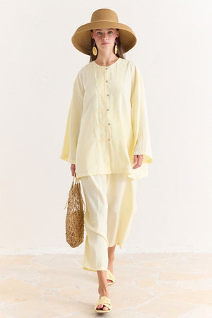 Tencel Modal Tunic & Wide-Leg Trouser Set with Frog Closures — Sarı