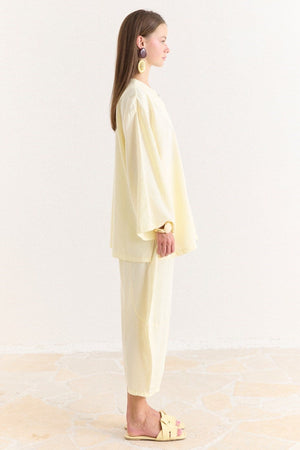 Tencel Modal Tunic & Wide-Leg Trouser Set with Frog Closures — Sarı