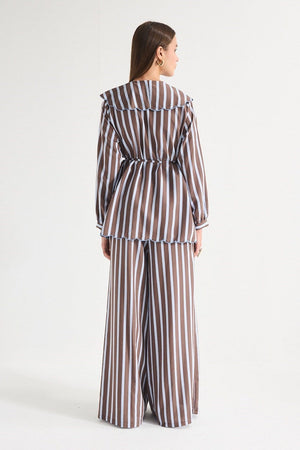 Modest Striped Shirt & Wide-Leg Trousers Set with Embroidered Collar — Kahve