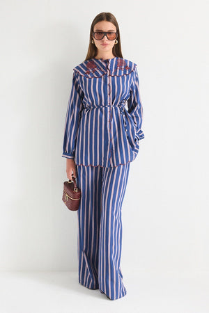Modest Striped Shirt & Wide-Leg Trousers Set with Embroidered Collar — Lacivert