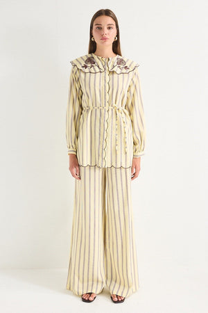 Modest Striped Shirt & Wide-Leg Trousers Set with Embroidered Collar — Sarı