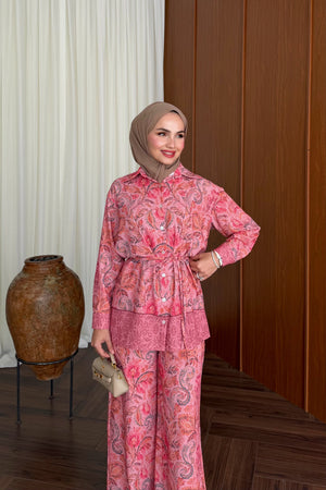 Salmon Satin Two-Piece Trouser Set with Detachable Belt