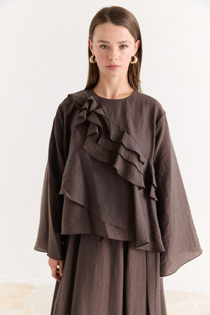 Ruffled Top & Midi Skirt Set - Modest, Relaxed Fit — Kahve
