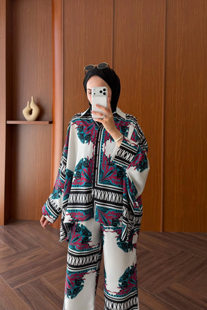 Patterned Batwing Sleeve Satin Trousers Set