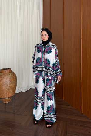 Patterned Batwing Sleeve Satin Trousers Set