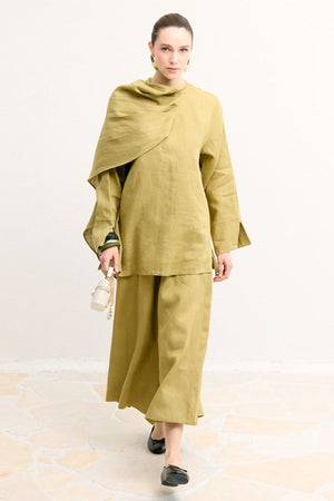 Organic Linen Shirt with Draped Shoulder Shawl — Yağ Yeşili