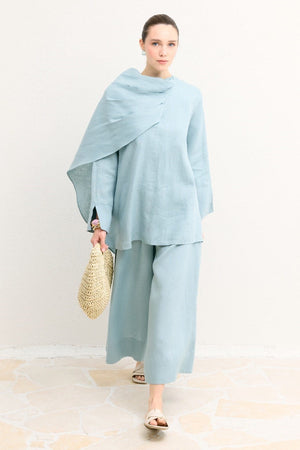 Organic Linen Shirt with Draped Shoulder Shawl — Mavi