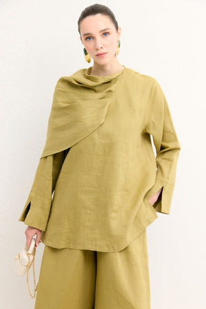 Organic Linen Shirt with Draped Shoulder Shawl — Yağ Yeşili