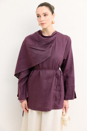 Organic Linen Shirt with Draped Shoulder Shawl — Mürdüm