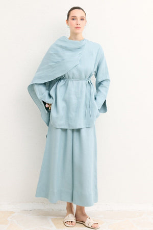 Organic Linen Shirt with Draped Shoulder Shawl — Mavi
