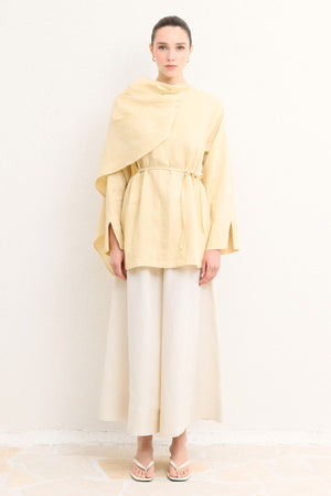 Organic Linen Shirt with Draped Shoulder Shawl — Sarı