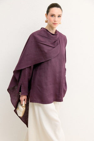 Organic Linen Shirt with Draped Shoulder Shawl — Mürdüm