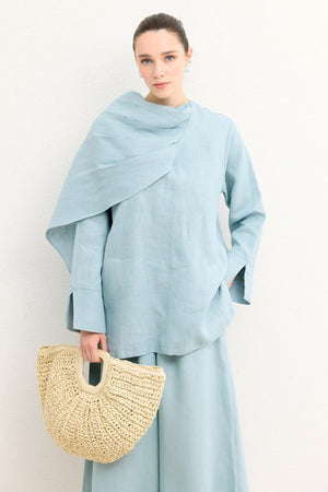 Organic Linen Shirt with Draped Shoulder Shawl — Mavi