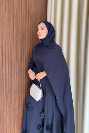 Elegant Long Sleeve Evening Dress with Detachable Roses — Lacivert