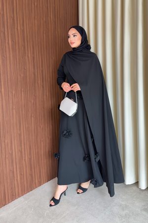 Elegant Long Sleeve Evening Dress with Detachable Roses — Siyah
