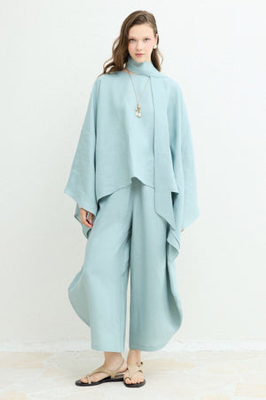Relaxed Fit Linen Poncho Blouse with Wide Sleeves — bebe mavisi