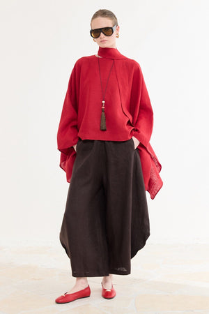 Relaxed Fit Linen Poncho Blouse with Wide Sleeves — Kırmızı