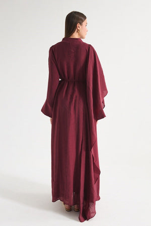 High Neck Maxi Dress with Self-Tie Belt and Bell Sleeves — Bordo