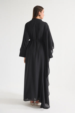 High Neck Maxi Dress with Self-Tie Belt and Bell Sleeves — Siyah