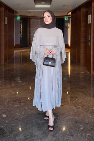 Flowy Chiffon Ruffle Maxi Dress with Belt & Cape Sleeves — Vizon