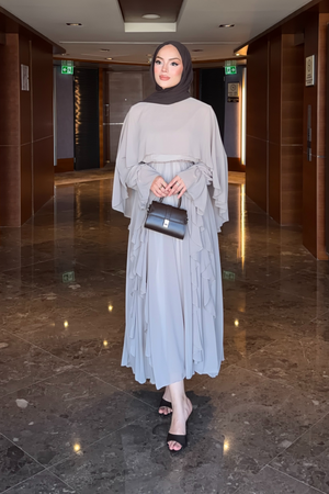 Flowy Chiffon Ruffle Maxi Dress with Belt & Cape Sleeves — Vizon