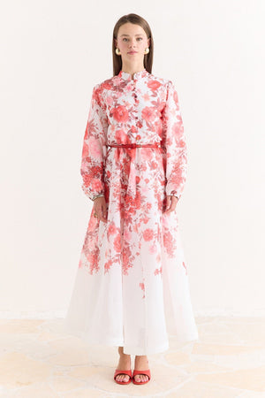Pink Floral A-Line Maxi Dress with Stand Collar — Kırmızı
