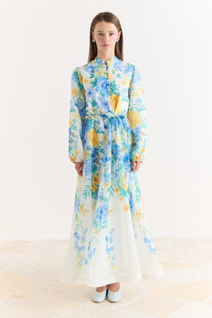 Pink Floral A-Line Maxi Dress with Stand Collar — Mavi
