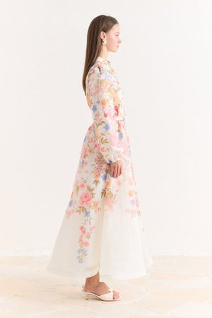 Pink Floral A-Line Maxi Dress with Stand Collar — Pembe