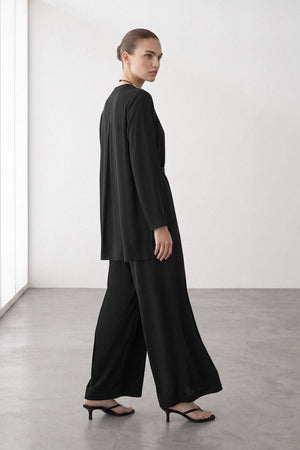 Black Modest Wide-Leg Jumpsuit with Tie Belt