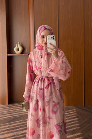 Lined Chiffon Abaya Set with Floral Pattern & Matching Shawl — PEMBE