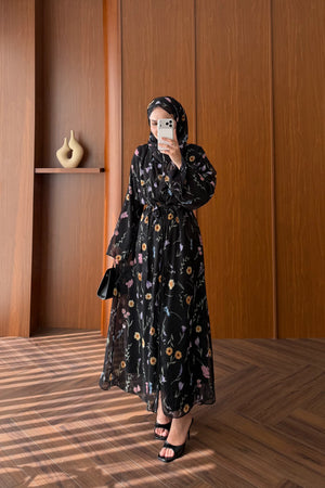 Lined Chiffon Abaya Set with Floral Pattern & Matching Shawl — SİYAH