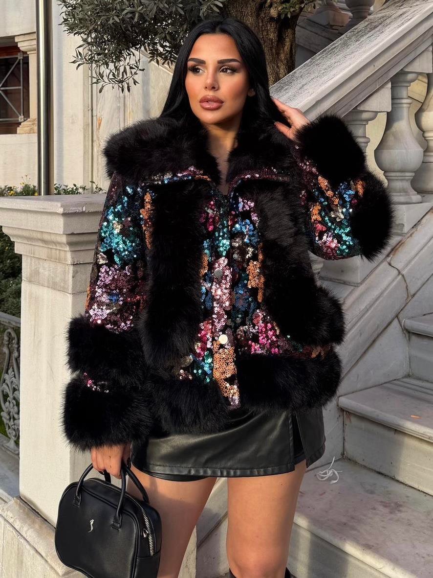 Fur Coat with Sequin Details