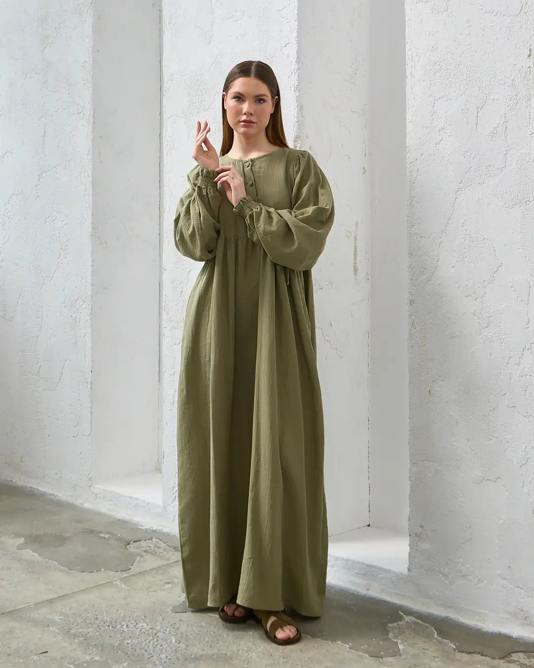 Muslin Maxi Dress with Tie Waist and Long Sleeves