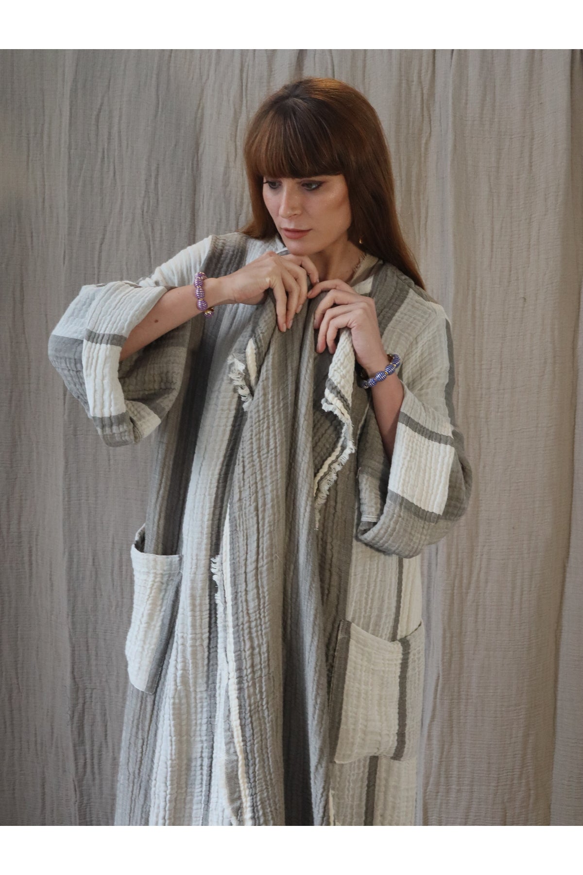 Grey Striped Muslin Kaftan with Pockets