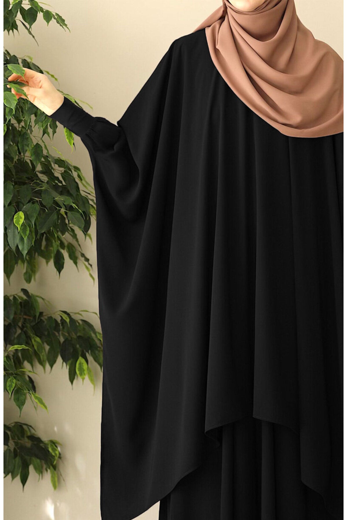 Modest Relaxed Fit Long Tunic & Skirt Set with Batwing Sleeves — Siyah