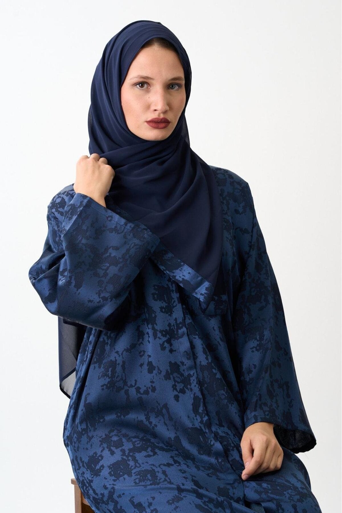 Long Patterned Abaya with Belt and Snap Closure