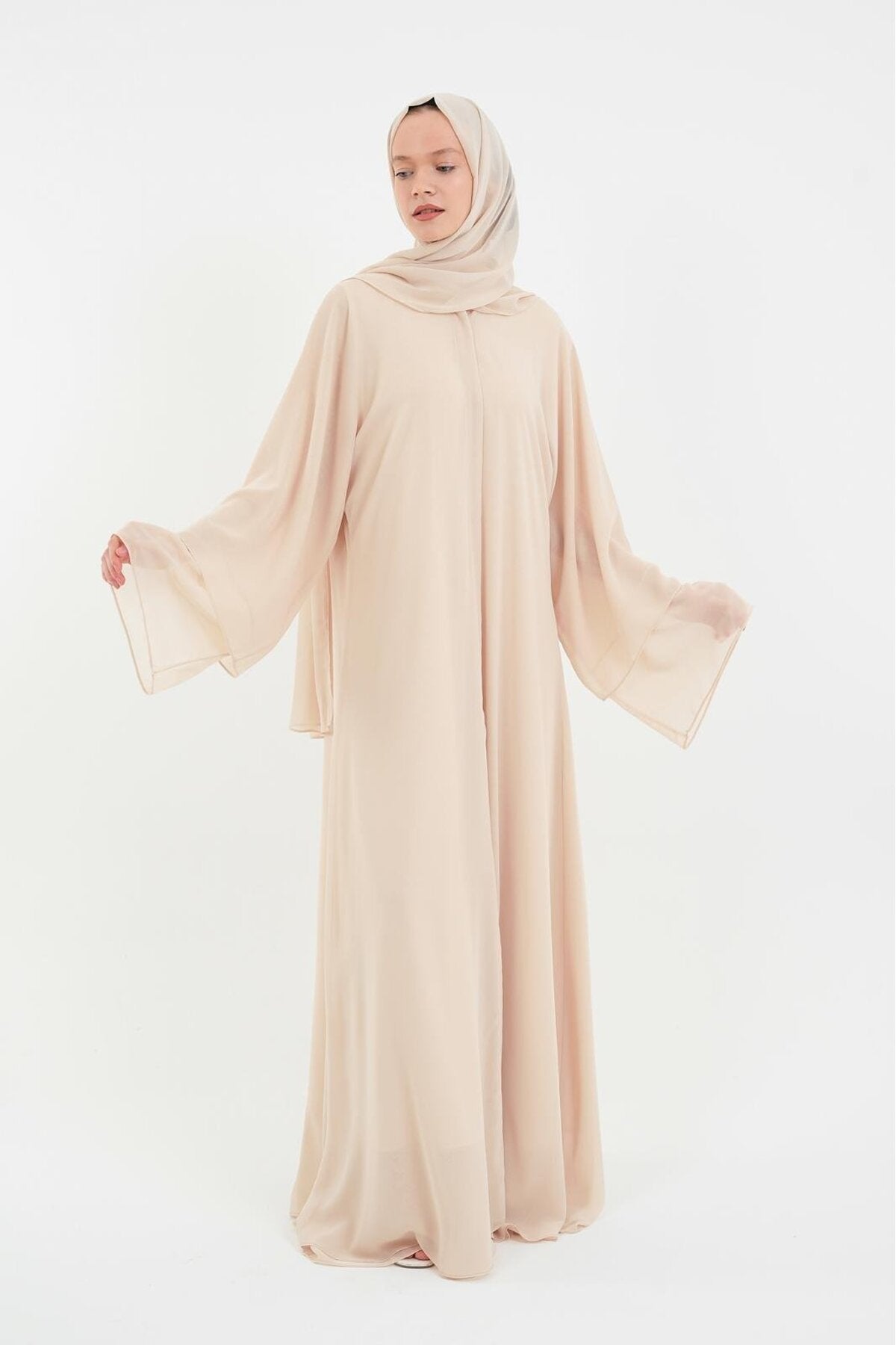 Long Lightweight Abaya and Matching Shawl Set with Snap Closure — acik-bej