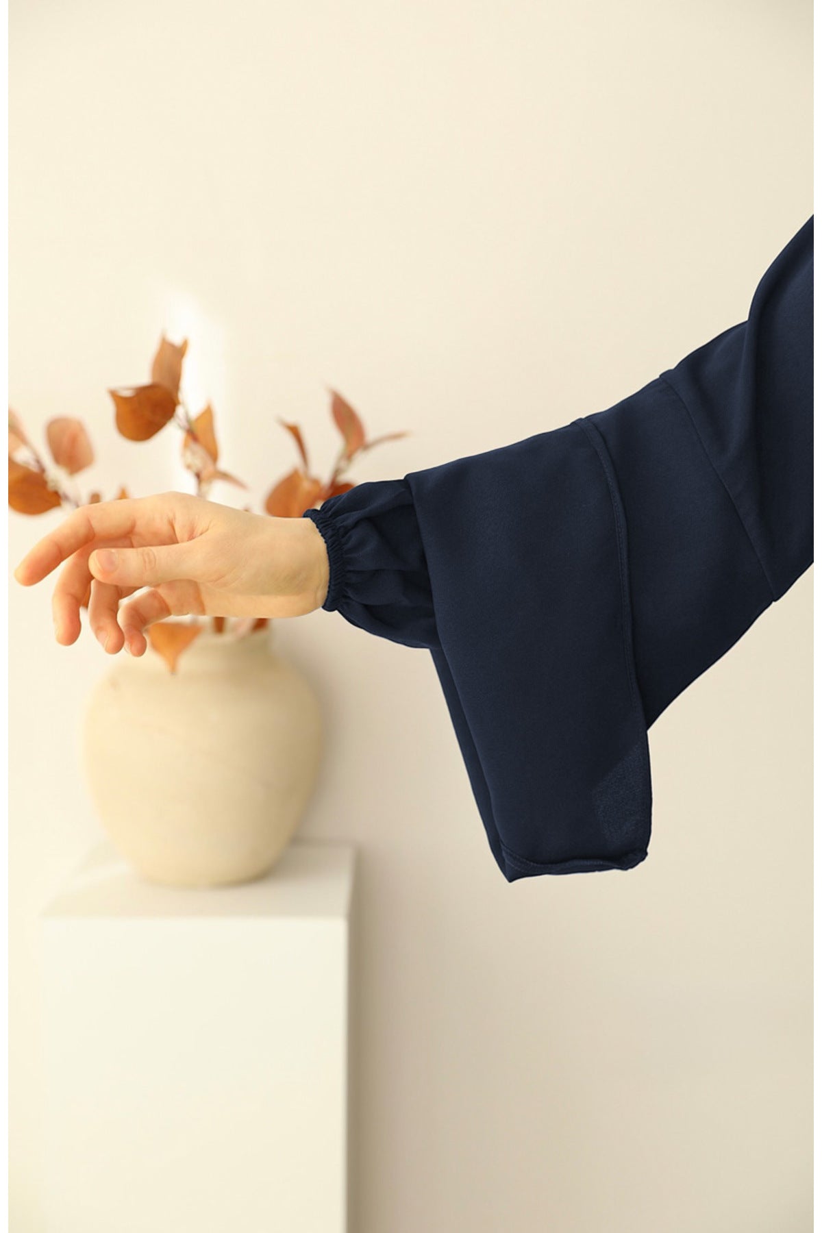 Navy Crepe Abaya with Stand Collar, Batwing Sleeves, and Belt