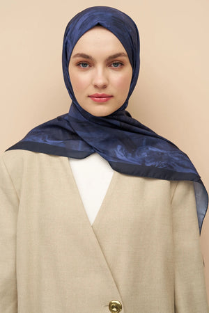 Flowing Peony Pattern Italian Silk Shawl — Lacivert