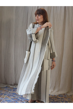 Grey Striped Muslin Kaftan with Pockets